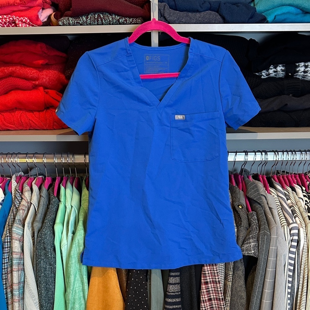 Figs royal blue on pocket scrub top size XS